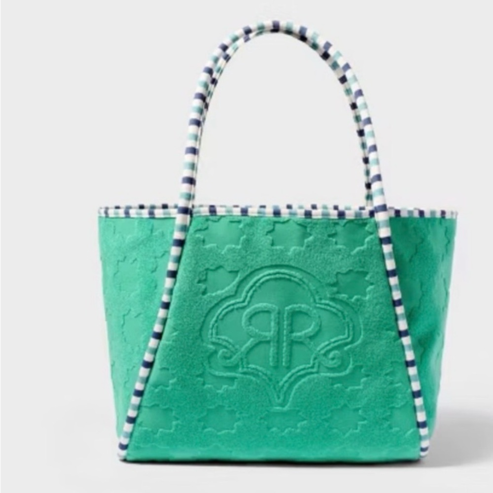 Roller Rabbit Turquoise Terry Tote with Striped Rope Handles - Picture 3 of 5